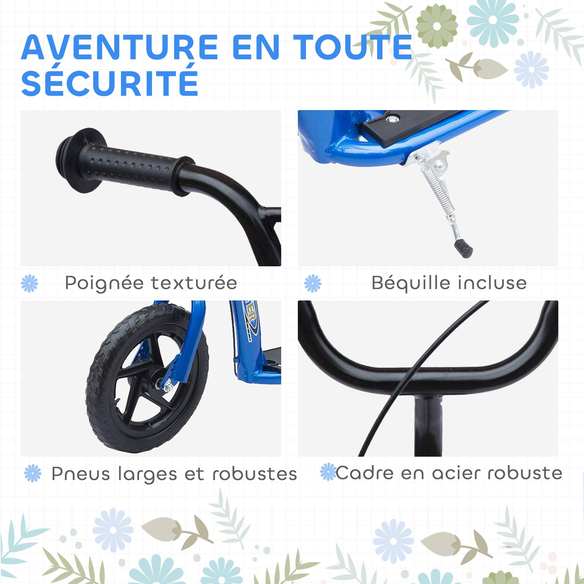 Trottinette enfant patinette pneus 30 cm Hauteur Guidon réglable poignée Frein et béquille Acier pour enfants à partir de 5 ans Bleu - Image 7