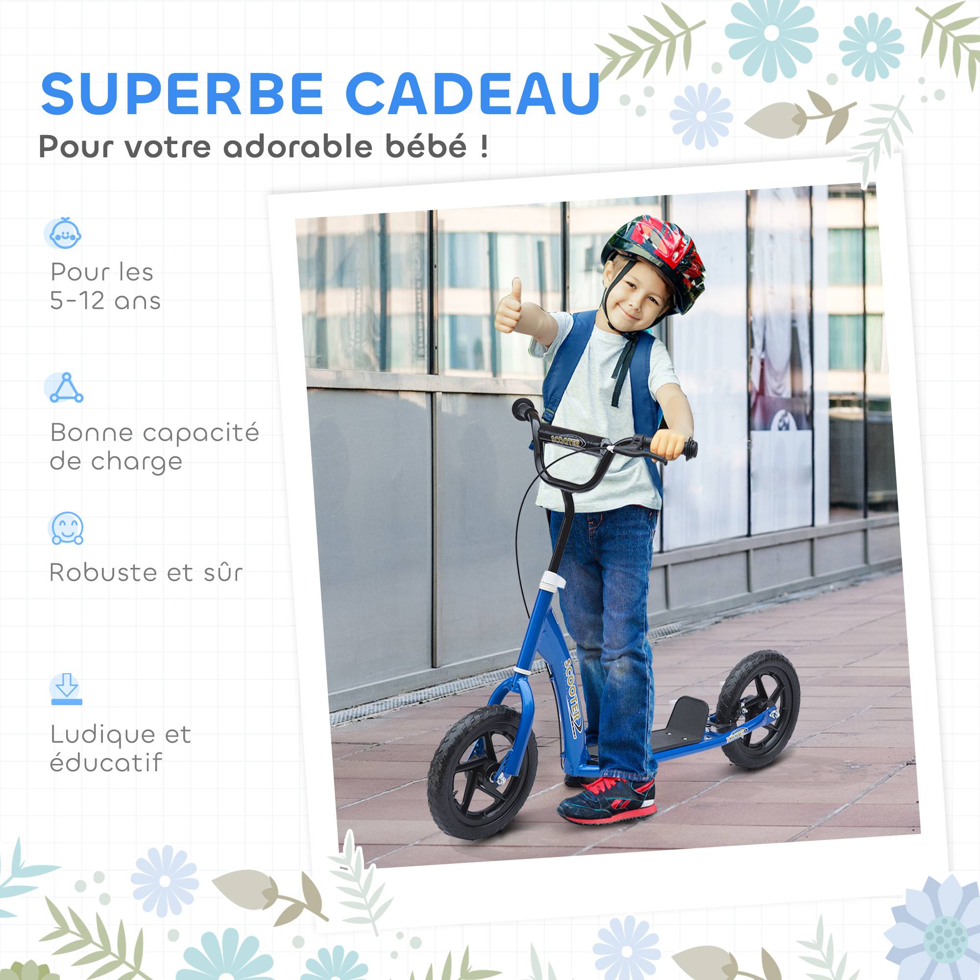 Trottinette enfant patinette pneus 30 cm Hauteur Guidon réglable poignée Frein et béquille Acier pour enfants à partir de 5 ans Bleu - Image 9