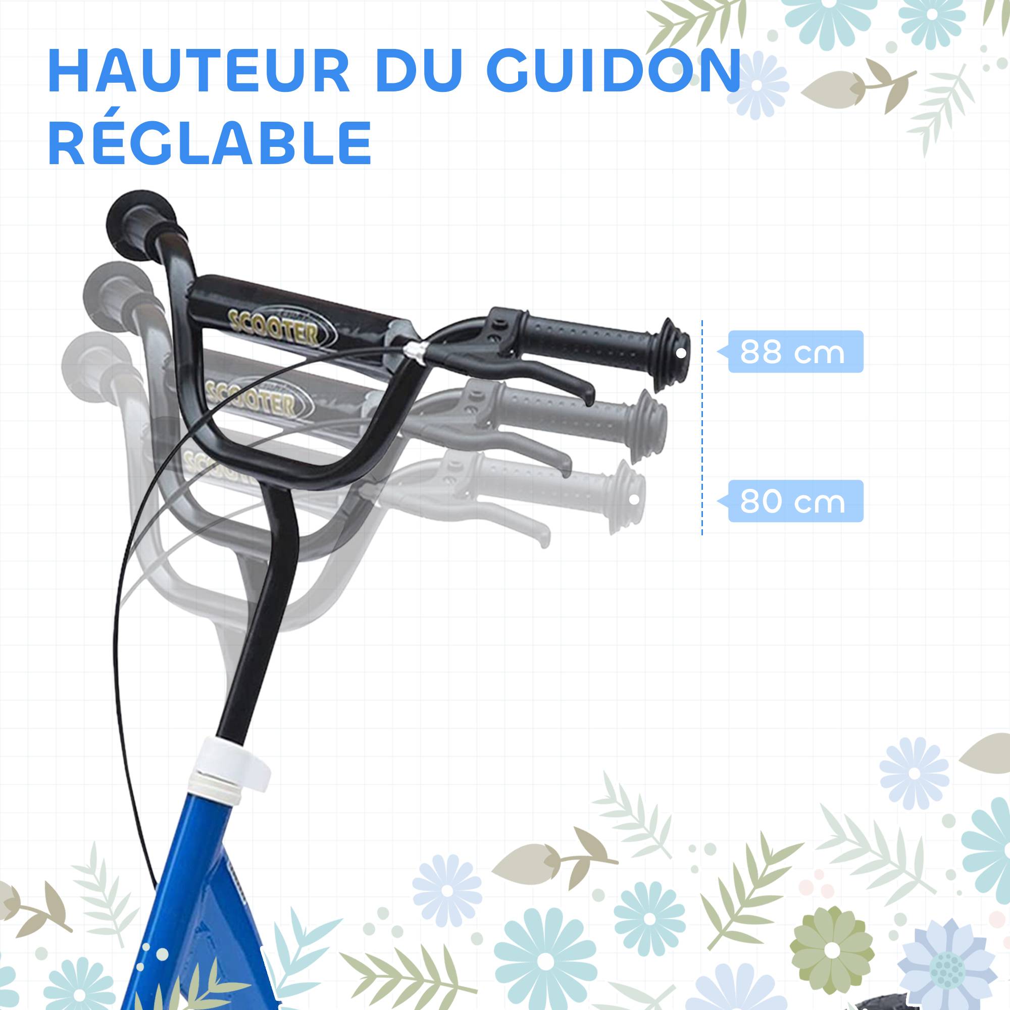 Trottinette enfant patinette pneus 30 cm Hauteur Guidon réglable poignée Frein et béquille Acier pour enfants à partir de 5 ans Bleu - Image 6