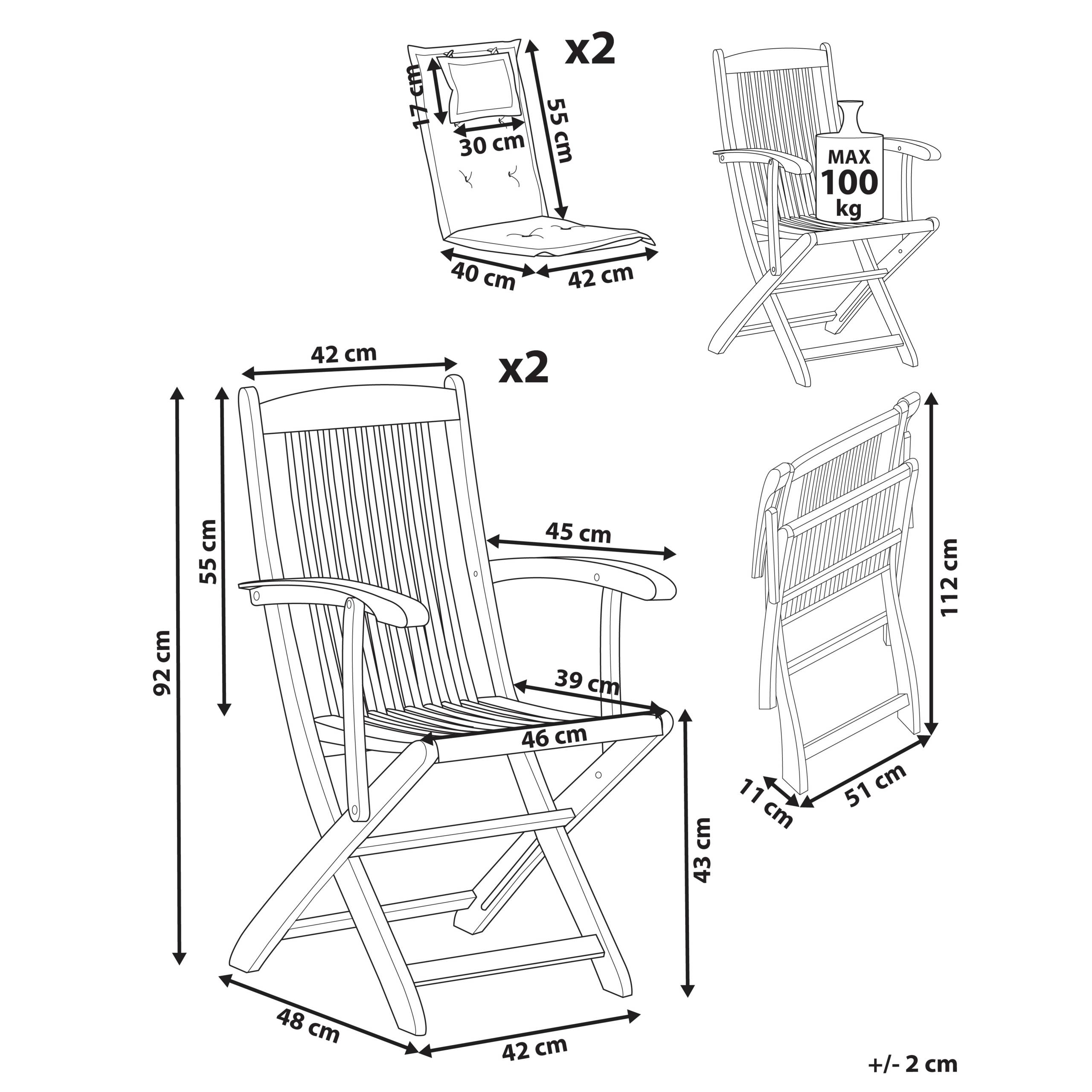 Beliani - Lot de 2 Chaises de Jardin en Bois avec Coussins Taupe Pliantes Salle à Manger Extérieur Style Rustique - Image 3