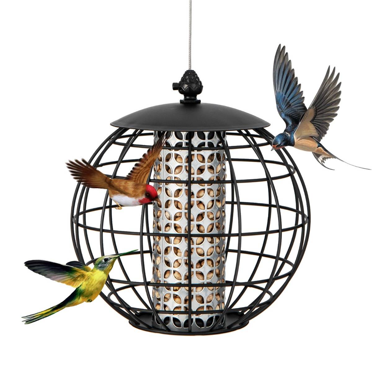 GYMAX Mangeoire Oiseaux Extérieure 2 En 1 Suspendue - 2 Compartiments Pour Graines Différentes, Métal Résistant Aux Intempéries, Jardin Balcon