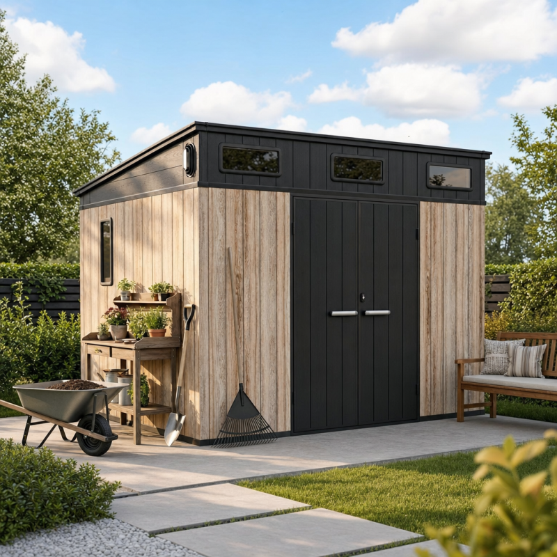 Abri de jardin en résine 6,03 m² aspect bois avec plancher Jôbu Woodizy - Image 1