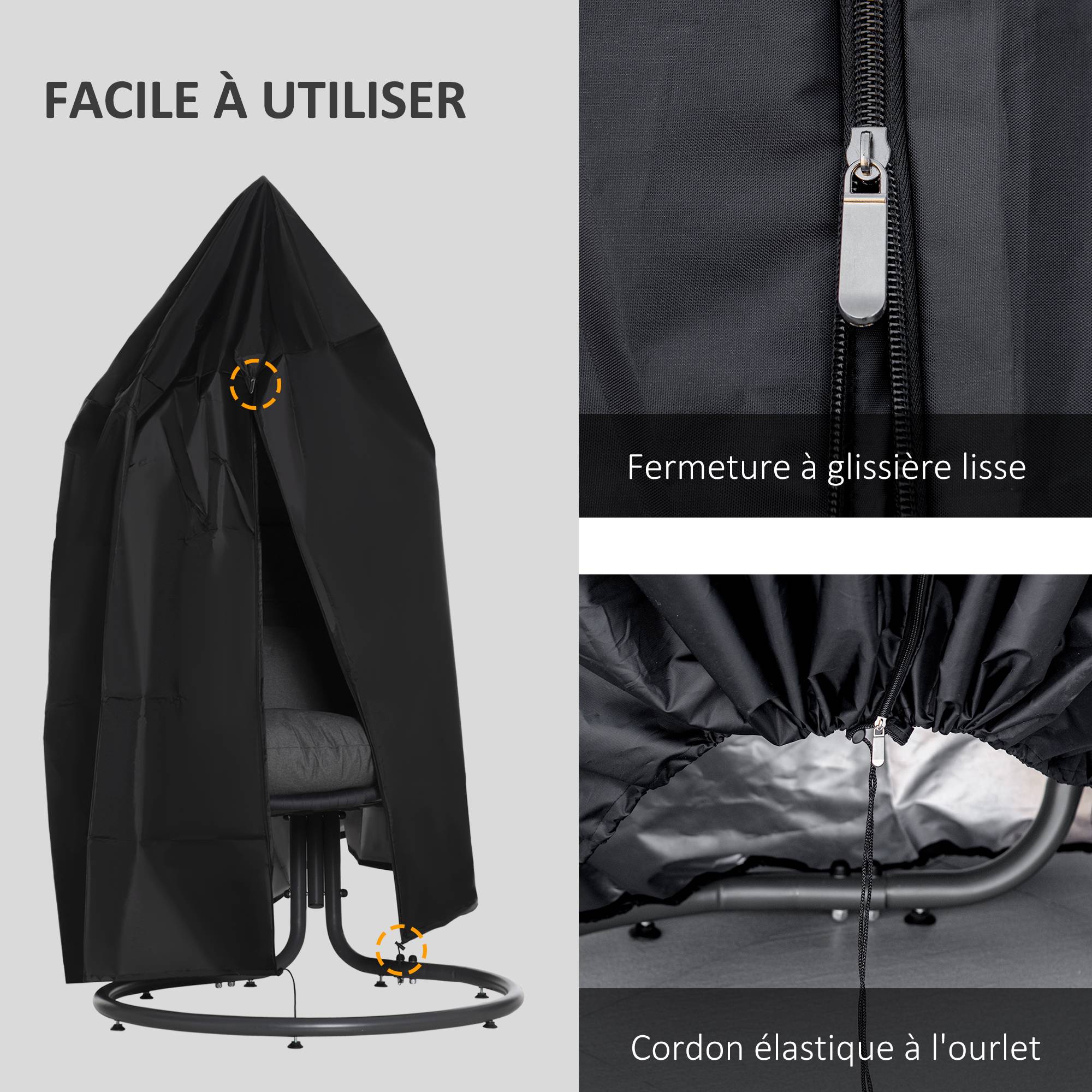 Housse de protection tissu Oxford pour fauteuil suspendu œuf imperméable noir 115x190 cm - ComfortXL Outdoor Living - Image 7
