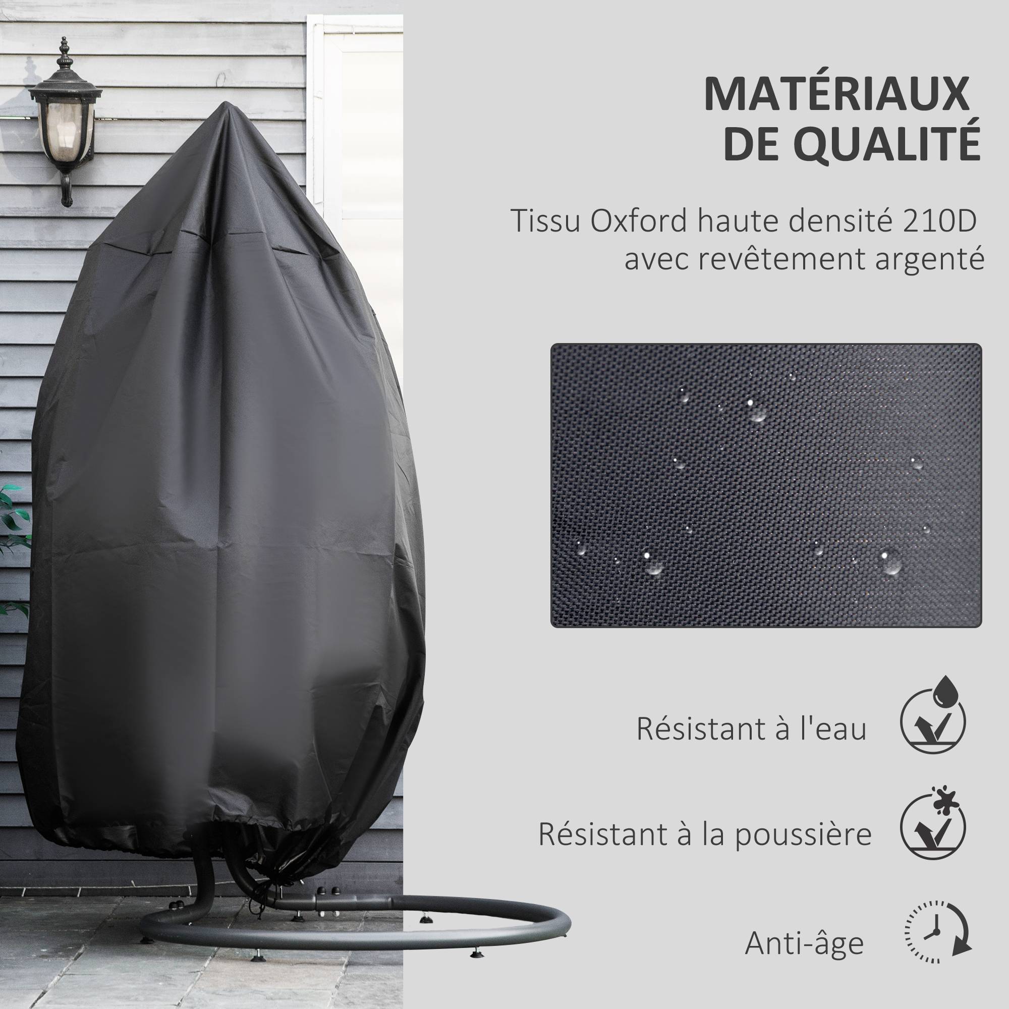 Housse de protection tissu Oxford pour fauteuil suspendu œuf imperméable noir 115x190 cm - ComfortXL Outdoor Living - Image 6