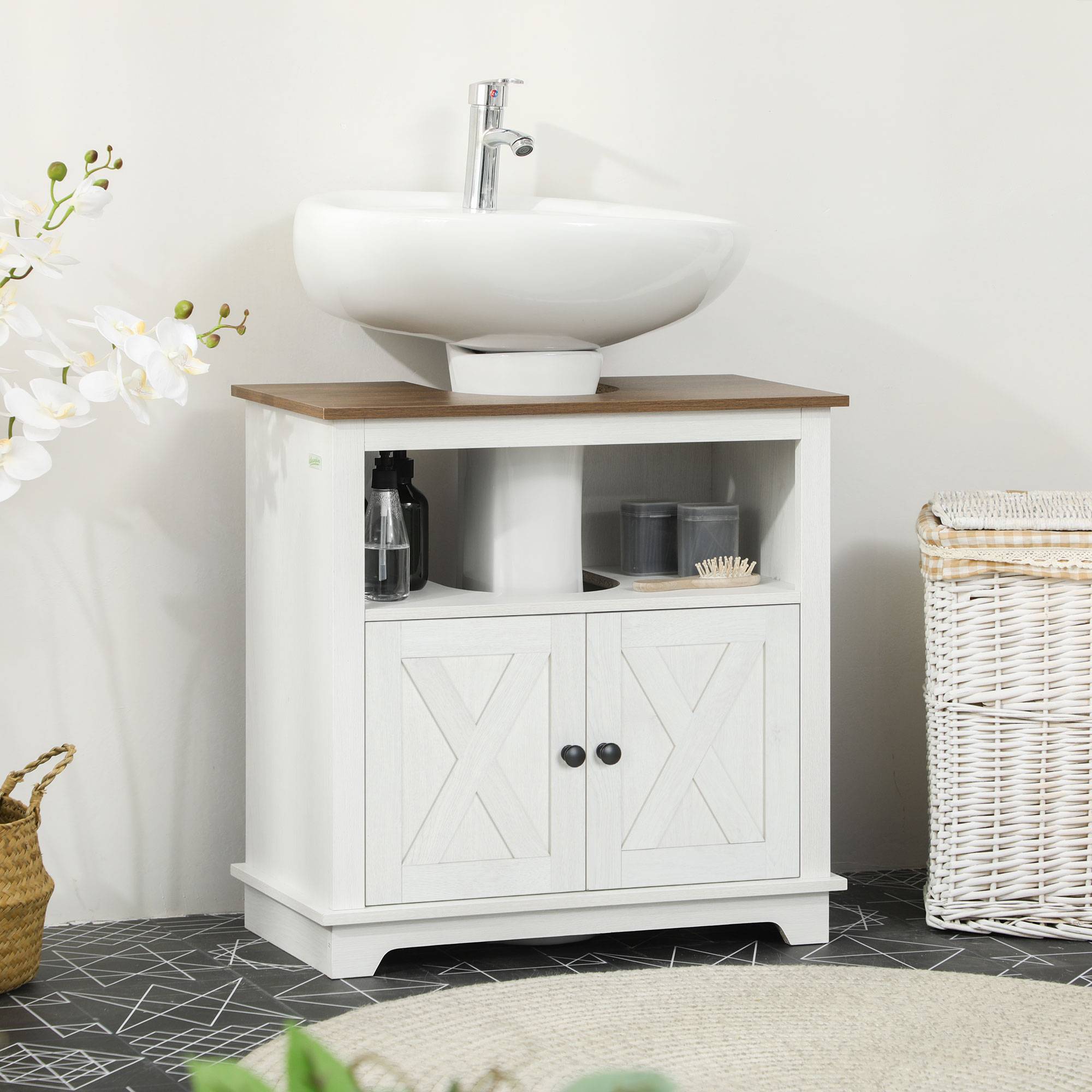 Sans Marque - Meuble sous-lavabo placard 2 portes étagère ouverte panneaux particules 60x30x60 cm - Image 3