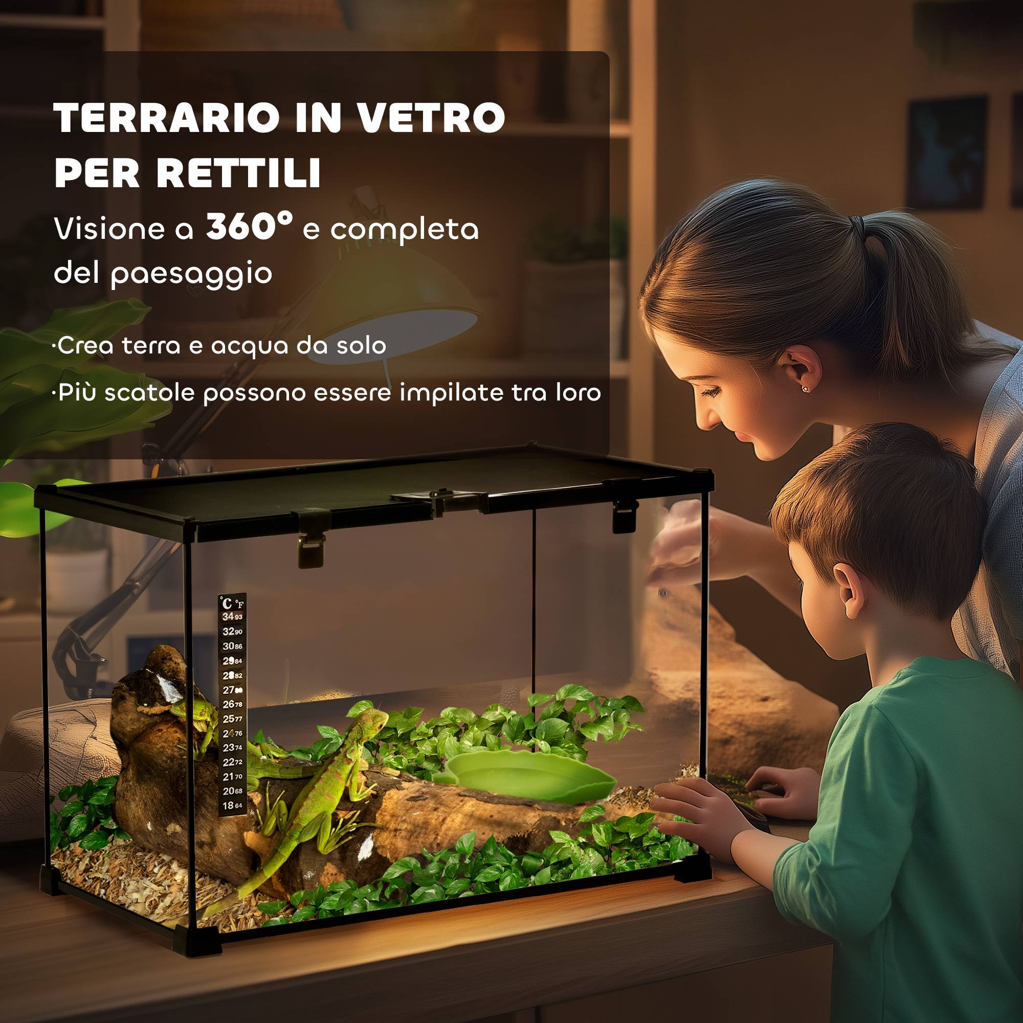 Terrarium surélevé pour reptiles avec serrure et thermomètre, verre et treillis métallique, 50×30×35cm noir - Image 6