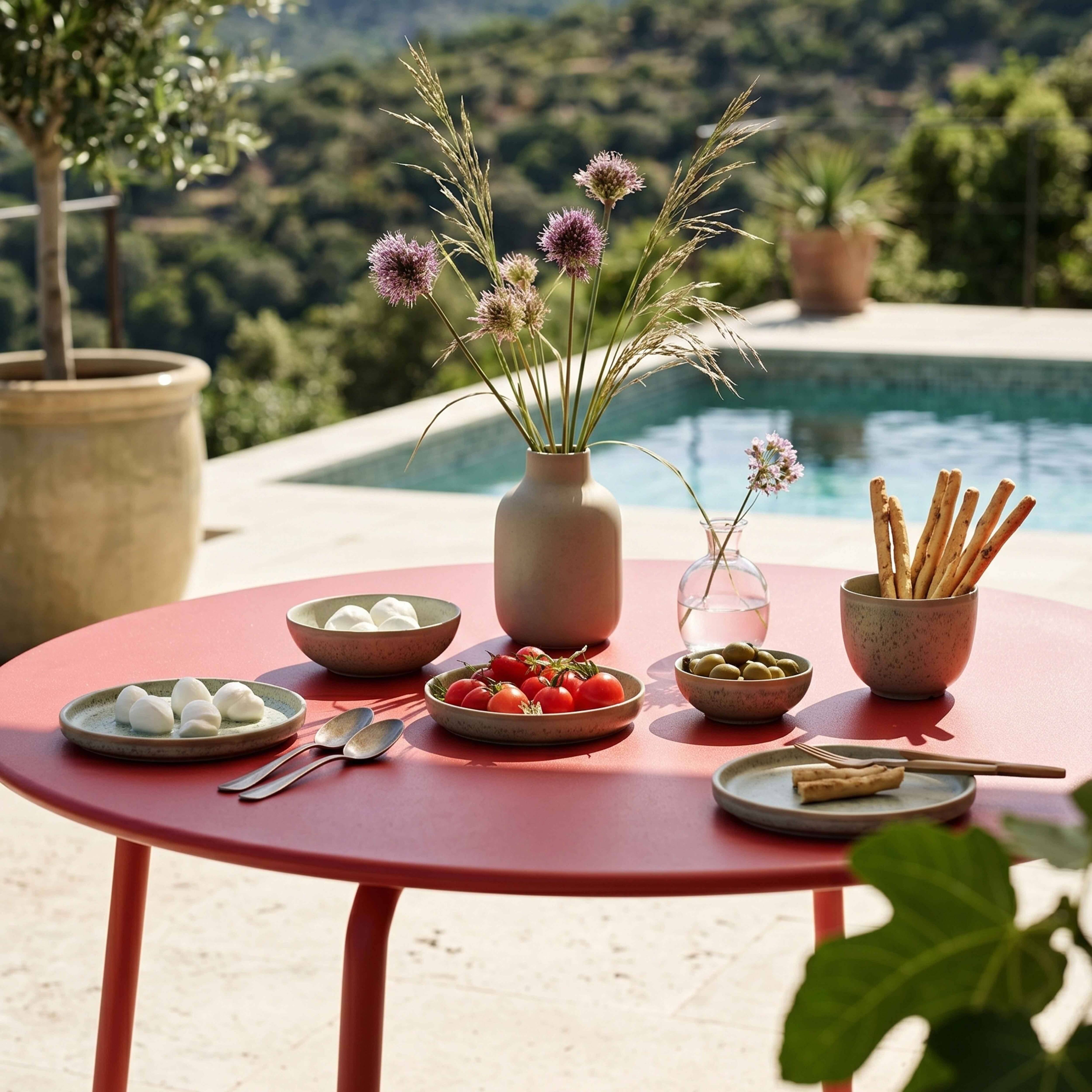 Oviala - Ensemble table de jardin ronde et 6 chaises en métal rouge Palavas - Oviala - Image 4