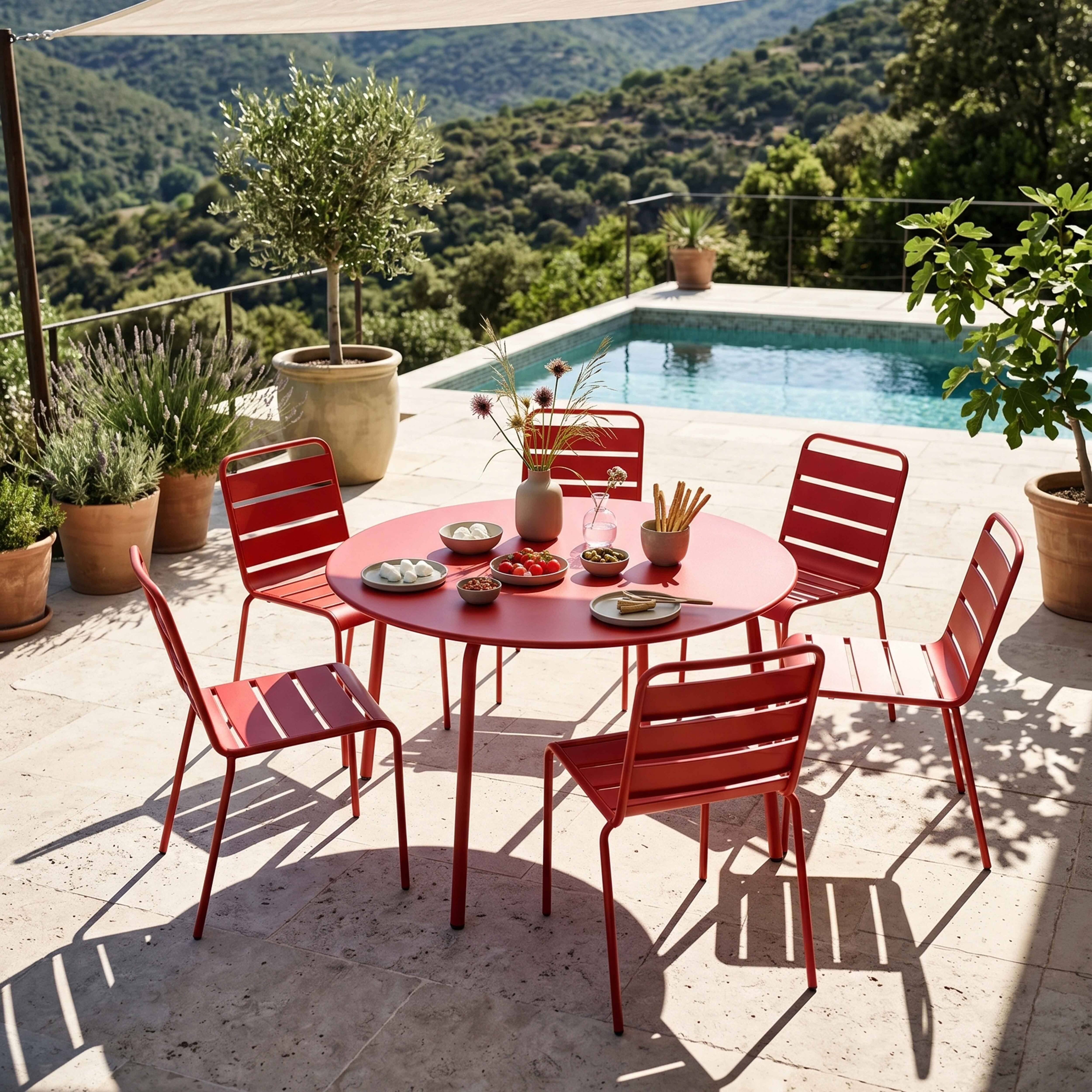 Oviala - Ensemble table de jardin ronde et 6 chaises en métal rouge Palavas - Oviala - Image 2