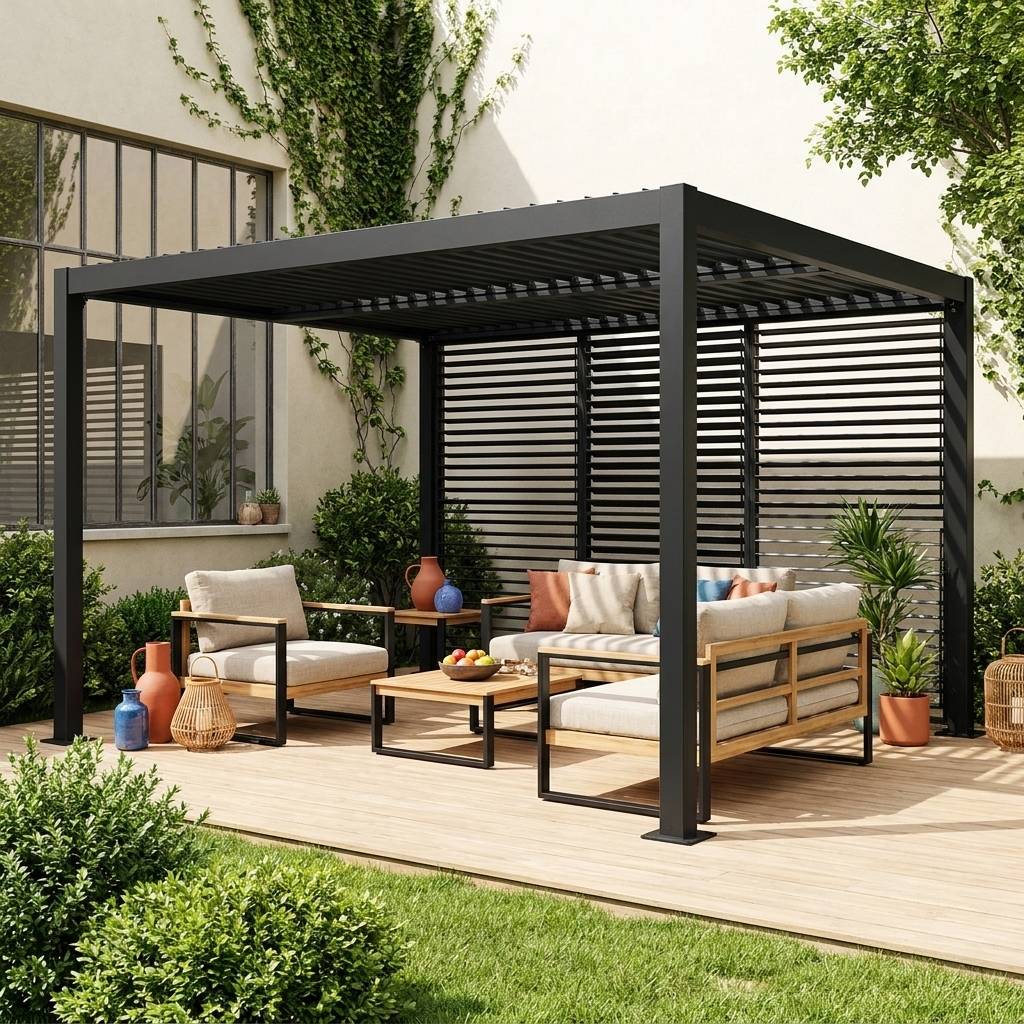 Pergola bioclimatique aluminium et acier 4x3m + 3 persiennes 130cm à lames orientables anthracite Palace | sweeek - Image 1