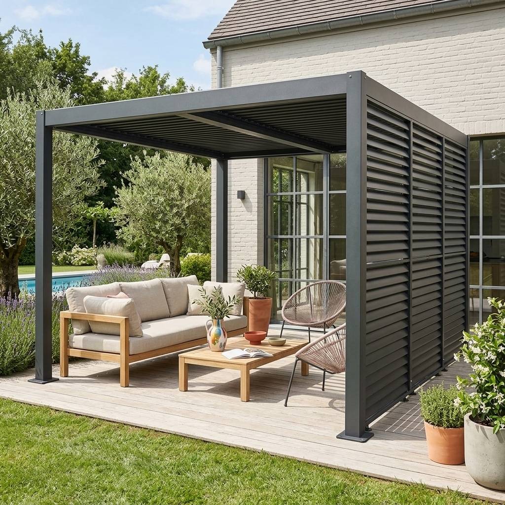 sweeek - Pergola bioclimatique aluminium et acier 4x3m + 3 persiennes 130cm à lames orientables anthracite Palace | sweeek - Image 1
