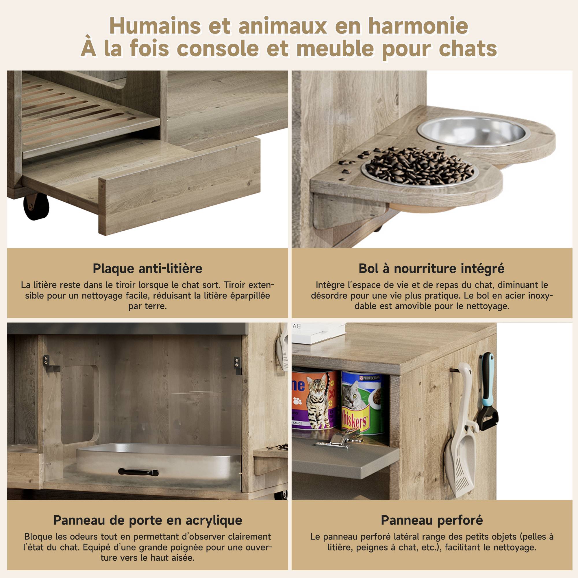 Meuble Litière Chat Bois MDF Cache Toilette Rangement Roulettes 100cm ...