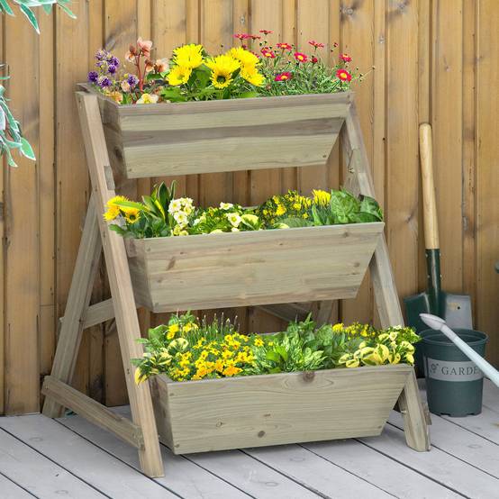 Jardinière Échelle 3 Niveaux en Bois, Tissu Non Tissé et Drainage, Jardin Vertical pour Plantes et Fleurs, 71 x 61 x 77 cm, Naturel - Image 4