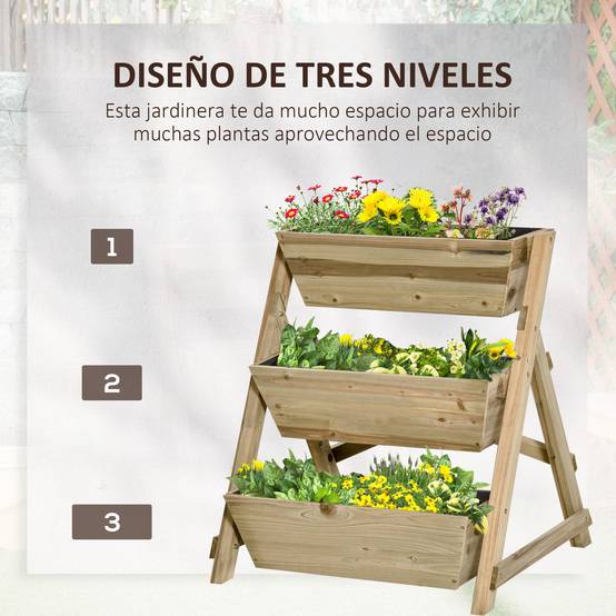 Jardinière Échelle 3 Niveaux en Bois, Tissu Non Tissé et Drainage, Jardin Vertical pour Plantes et Fleurs, 71 x 61 x 77 cm, Naturel - Image 6