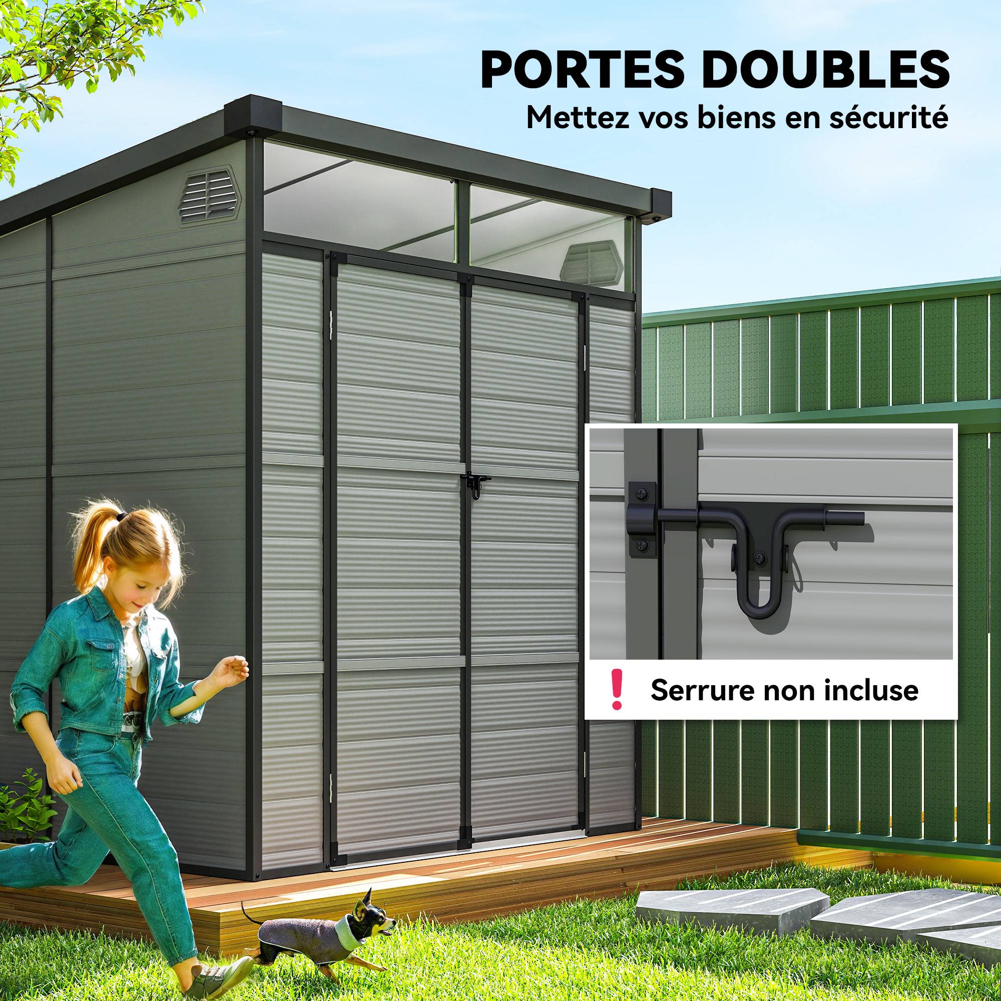 Outsunny - Abri de jardin avec fenêtres, 2 évents et double porte verrouillable - polypropylène - 190 x 191 x 215 cm - gris - Outsunny - Image 5