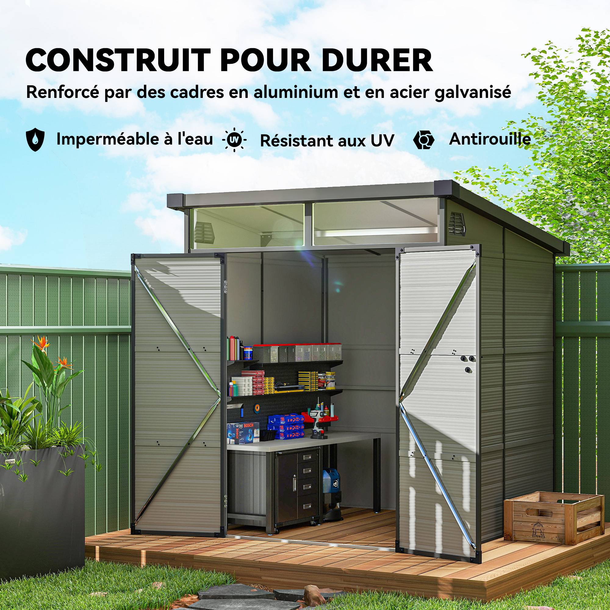 Outsunny - Abri de jardin avec fenêtres, 2 évents et double porte verrouillable - polypropylène - 190 x 191 x 215 cm - gris - Outsunny - Image 7