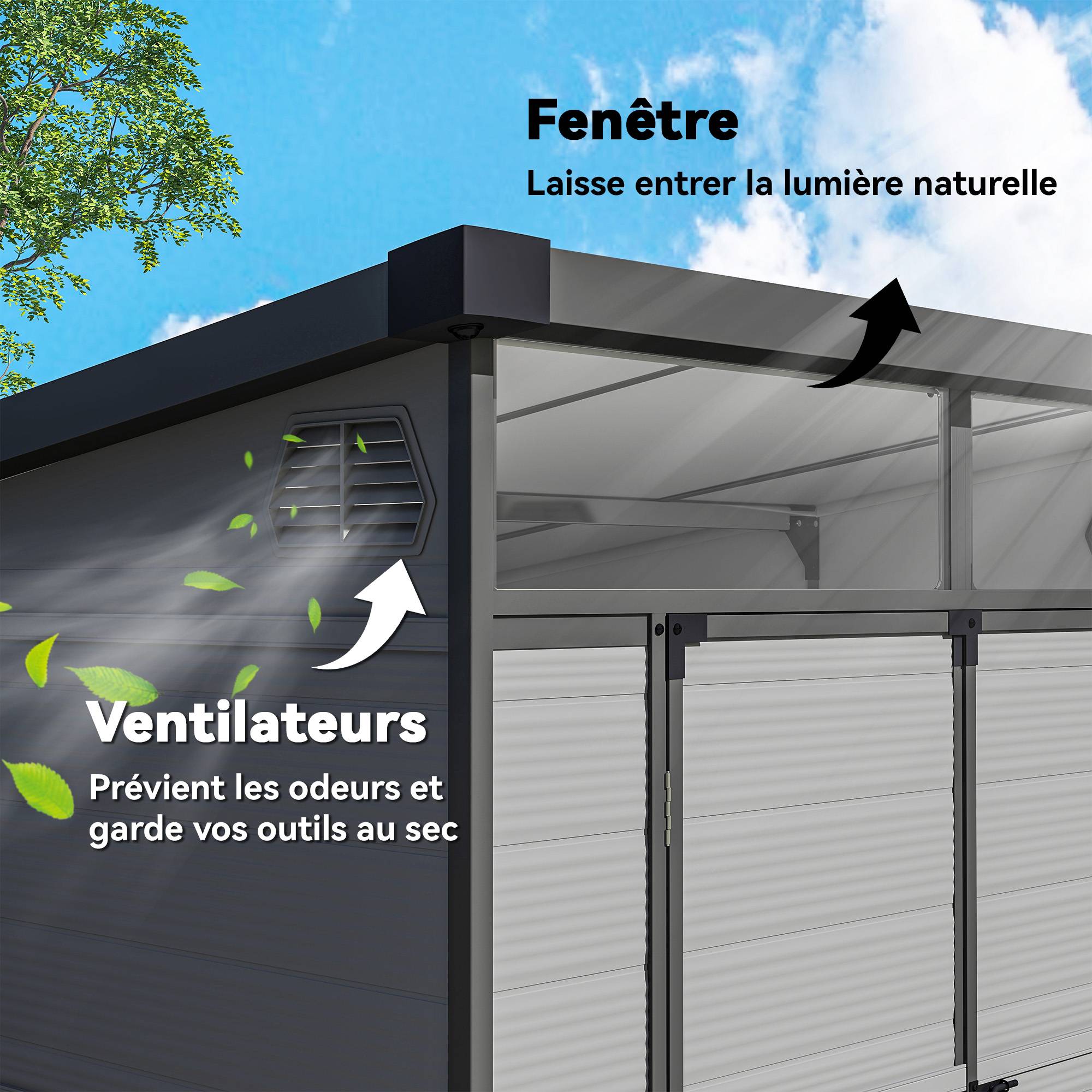 Outsunny - Abri de jardin avec fenêtres, 2 évents et double porte verrouillable - polypropylène - 190 x 191 x 215 cm - gris - Outsunny - Image 4