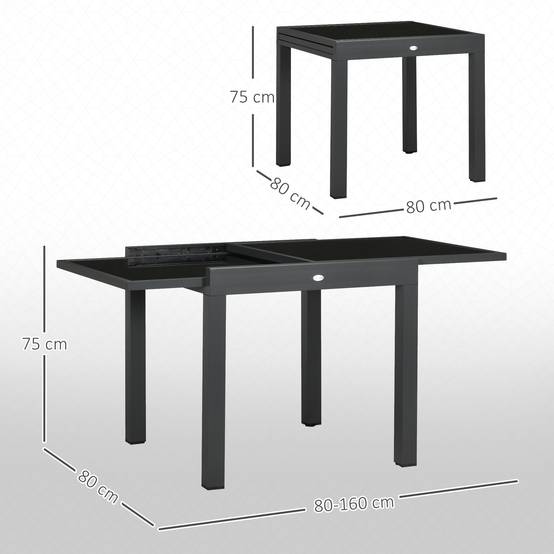 Table de jardin extensible aluminium verre terrasse gain de place 160x80cm noir - ComfortXL Outdoor Living - Image 5