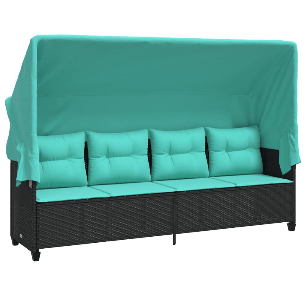 Chaise longue | Transat | Bain de soleil avec auvent et coussins noir résine tressée - Image 1