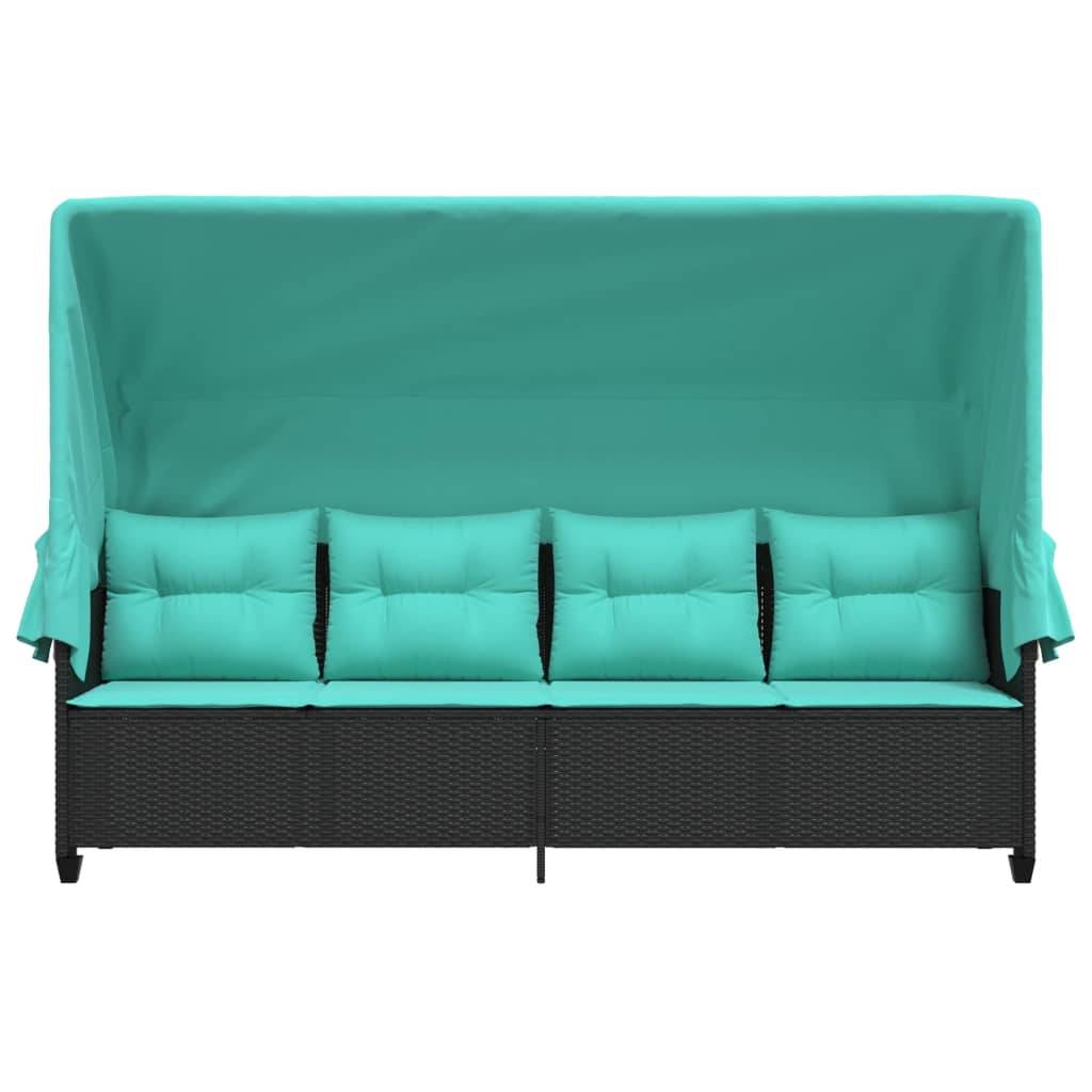 Chaise longue | Transat | Bain de soleil avec auvent et coussins noir résine tressée - Image 5