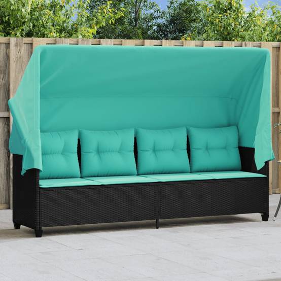 Chaise longue | Transat | Bain de soleil avec auvent et coussins noir résine tressée - Image 2