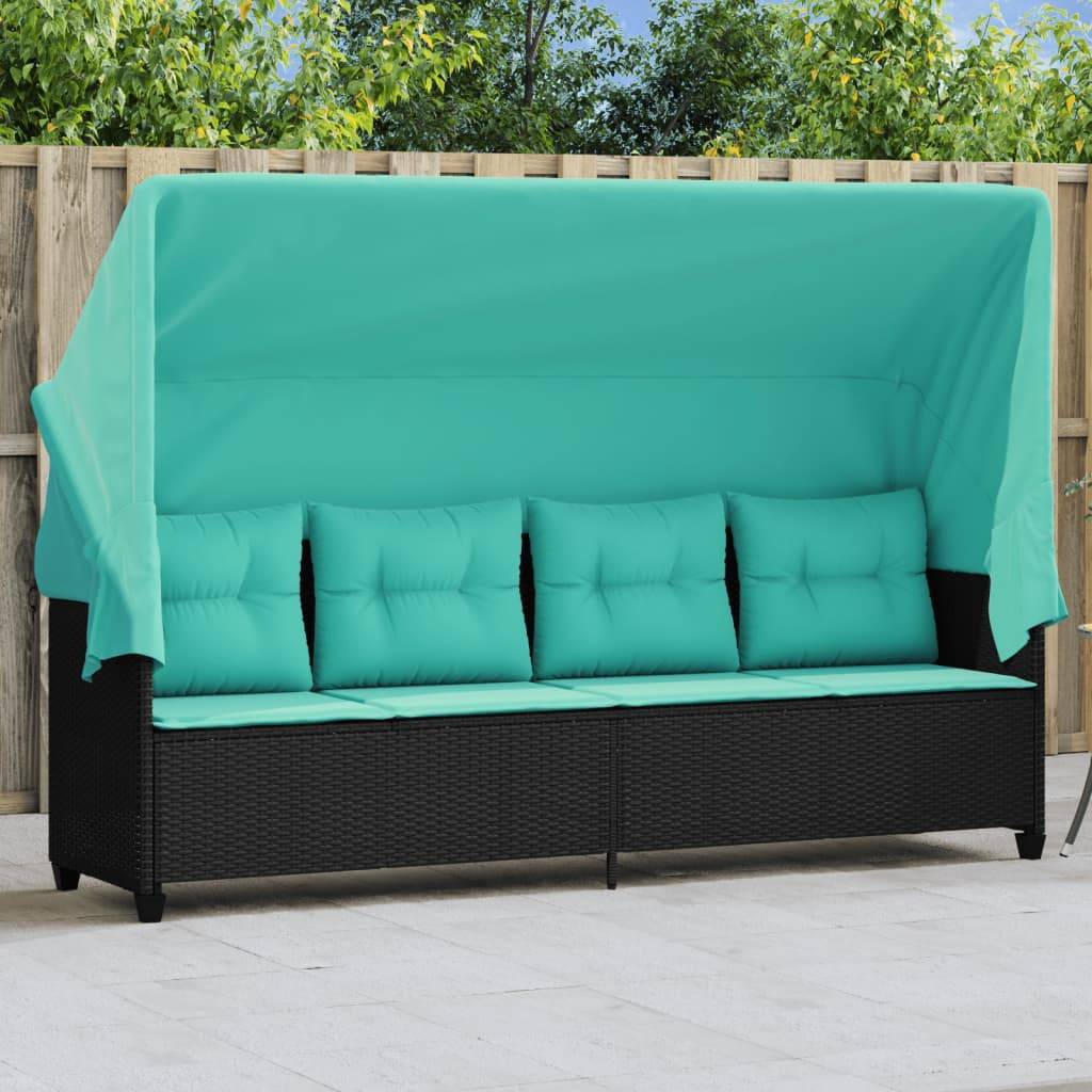Chaise longue | Transat | Bain de soleil avec auvent et coussins noir résine tressée - Image 2