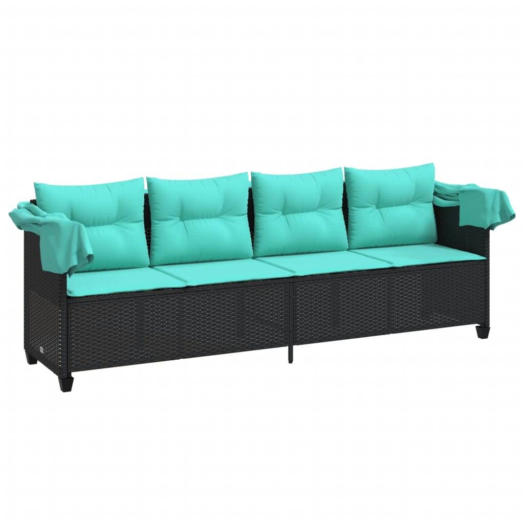 Chaise longue | Transat | Bain de soleil avec auvent et coussins noir résine tressée - Image 4