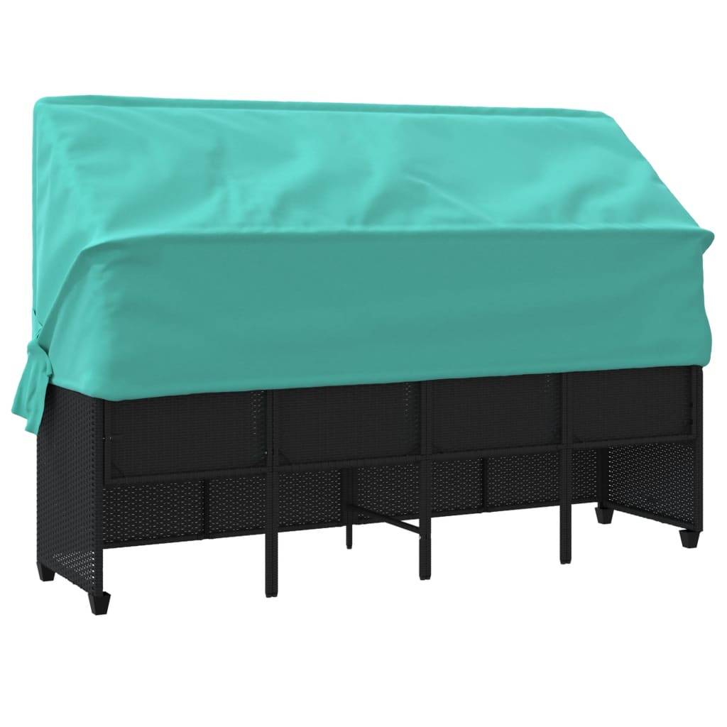 Chaise longue | Transat | Bain de soleil avec auvent et coussins noir résine tressée - Image 7