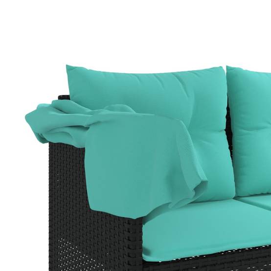 Chaise longue | Transat | Bain de soleil avec auvent et coussins noir résine tressée - Image 9
