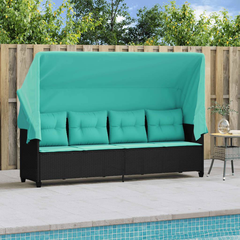 Chaise longue | Transat | Bain de soleil avec auvent et coussins noir résine tressée - Image 3