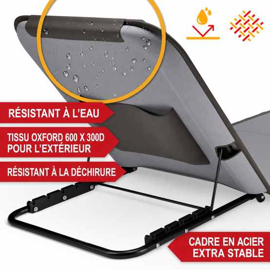 Transat de plage confortable Gris 165cm avec dossier réglable et coussin pour la tête sac inclus - Image 6