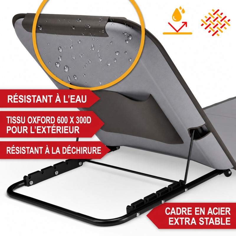 Transat de plage confortable Gris 165cm  avec dossier réglable et coussin pour la tête sac inclus - Image 6