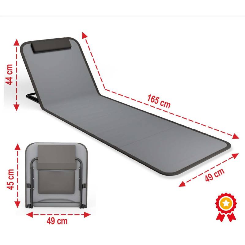 Transat de plage confortable Gris 165cm  avec dossier réglable et coussin pour la tête sac inclus - Image 2