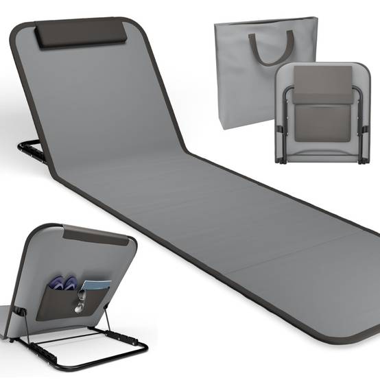 Transat de plage confortable Gris 165cm avec dossier réglable et coussin pour la tête sac inclus - Image 1