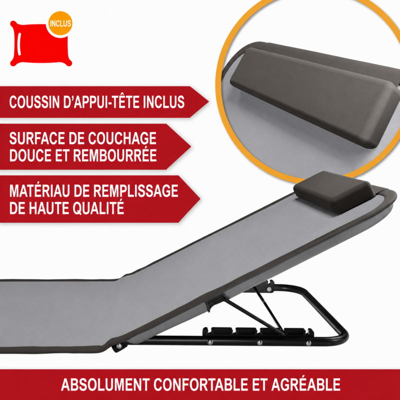 Transat de plage confortable Gris 165cm  avec dossier réglable et coussin pour la tête sac inclus - Image 3