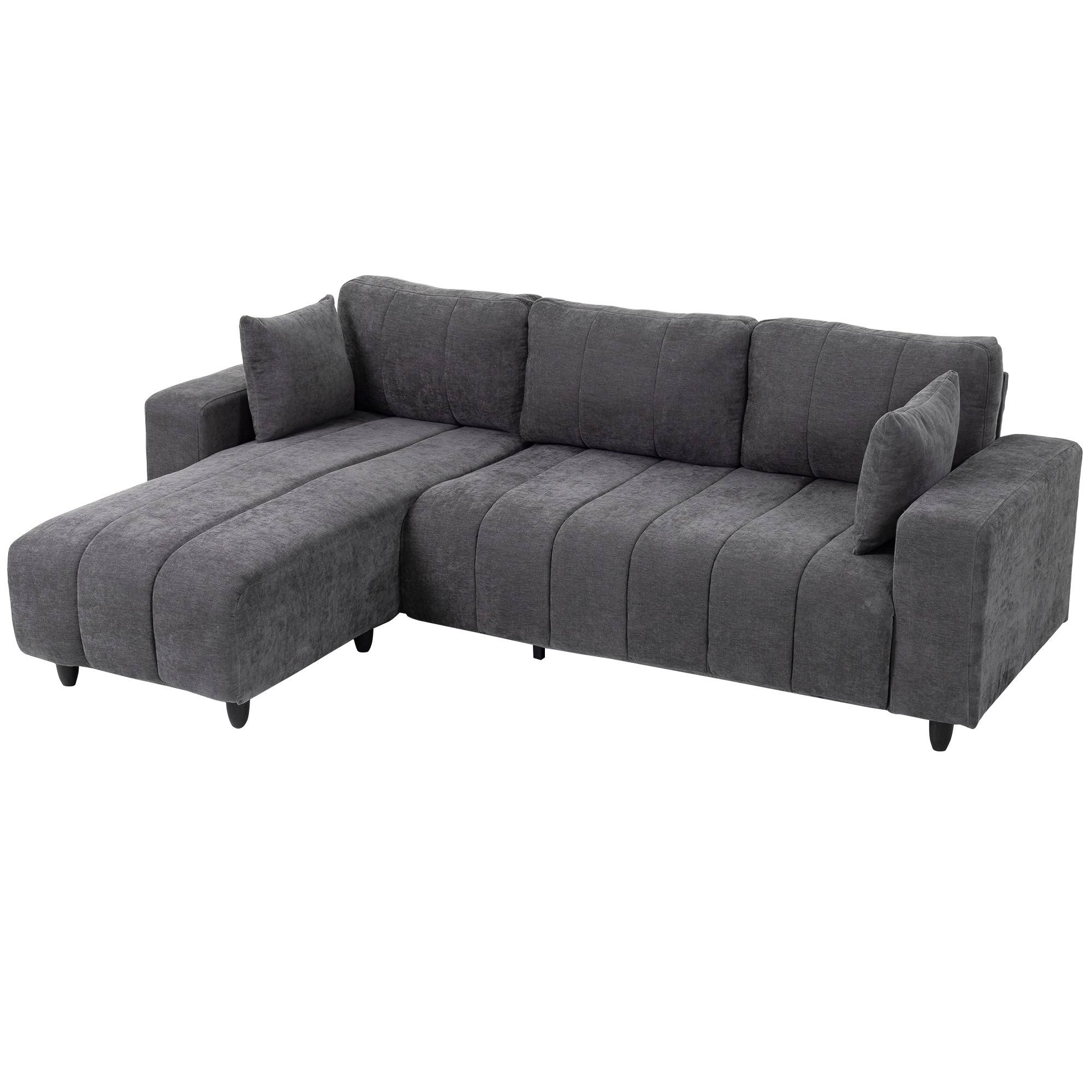 Canapé d'Angle Modulable 242 cm, Canapé 3 Places en L avec Méridienne Réversible, 2 Oreillers, Tissu Aspect Lin, Gris - Image 2