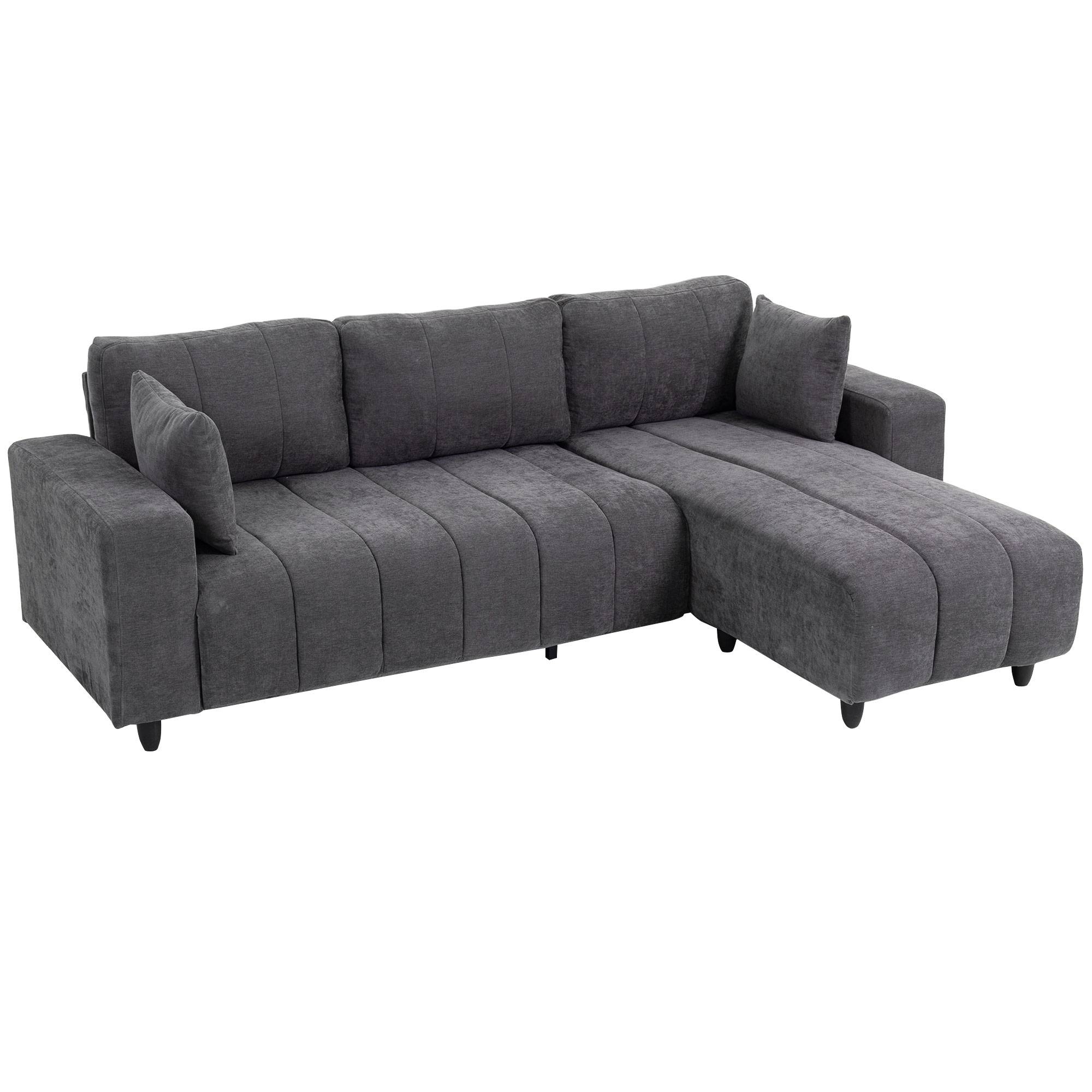 Canapé d'Angle Modulable 242 cm, Canapé 3 Places en L avec Méridienne Réversible, 2 Oreillers, Tissu Aspect Lin, Gris - Image 1