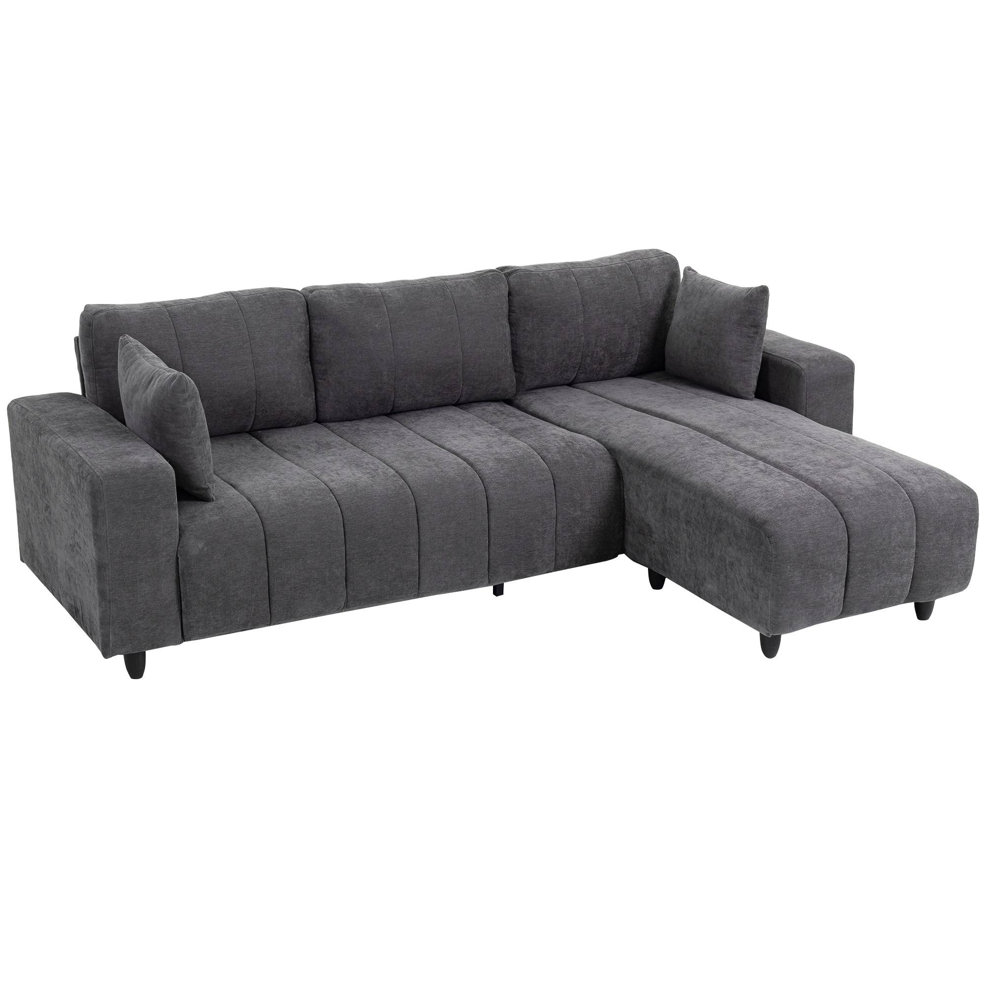 Canapé d'Angle Modulable 242 cm, Canapé 3 Places en L avec Méridienne Réversible, 2 Oreillers, Tissu Aspect Lin, Gris - Image 8