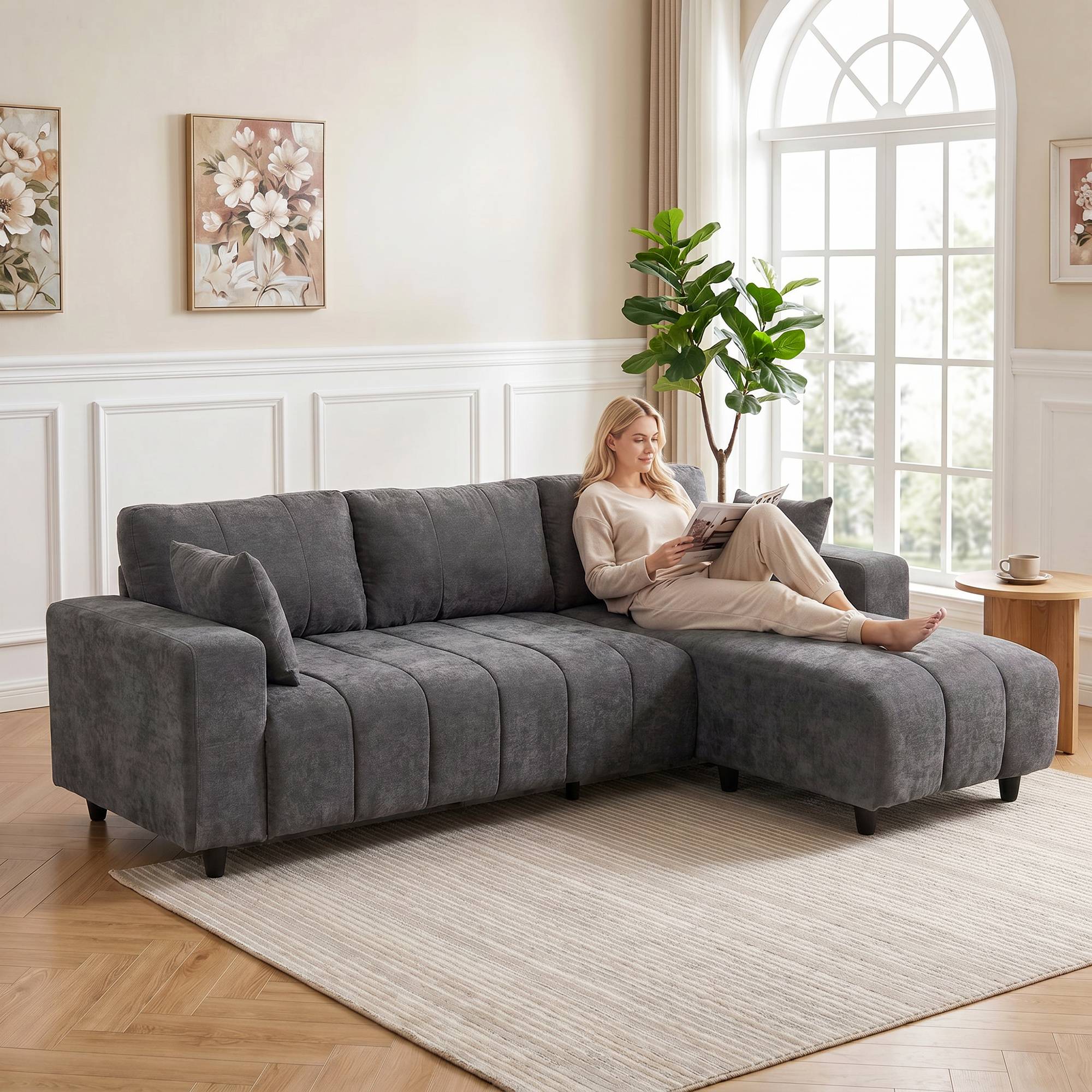 Canapé d'Angle Modulable 242 cm, Canapé 3 Places en L avec Méridienne Réversible, 2 Oreillers, Tissu Aspect Lin, Gris - Image 4