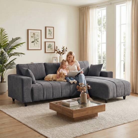 Canapé d'Angle Modulable 242 cm, Canapé 3 Places en L avec Méridienne Réversible, 2 Oreillers, Tissu Aspect Lin, Gris - Image 6