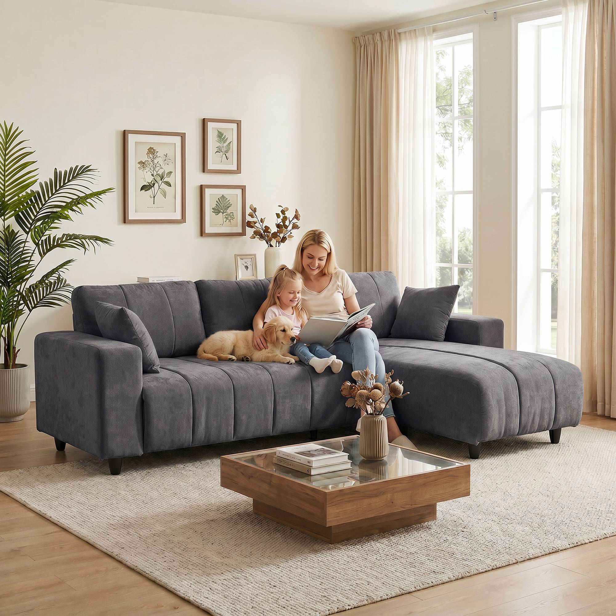 Canapé d'Angle Modulable 242 cm, Canapé 3 Places en L avec Méridienne Réversible, 2 Oreillers, Tissu Aspect Lin, Gris - Image 6