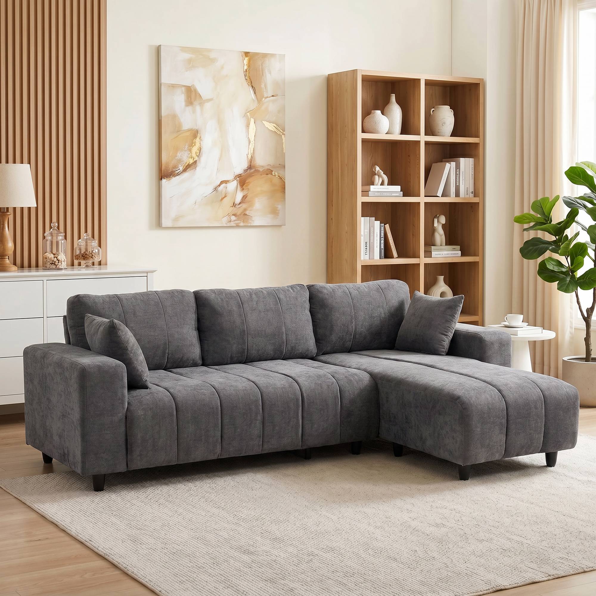 Canapé d'Angle Modulable 242 cm, Canapé 3 Places en L avec Méridienne Réversible, 2 Oreillers, Tissu Aspect Lin, Gris - Image 3