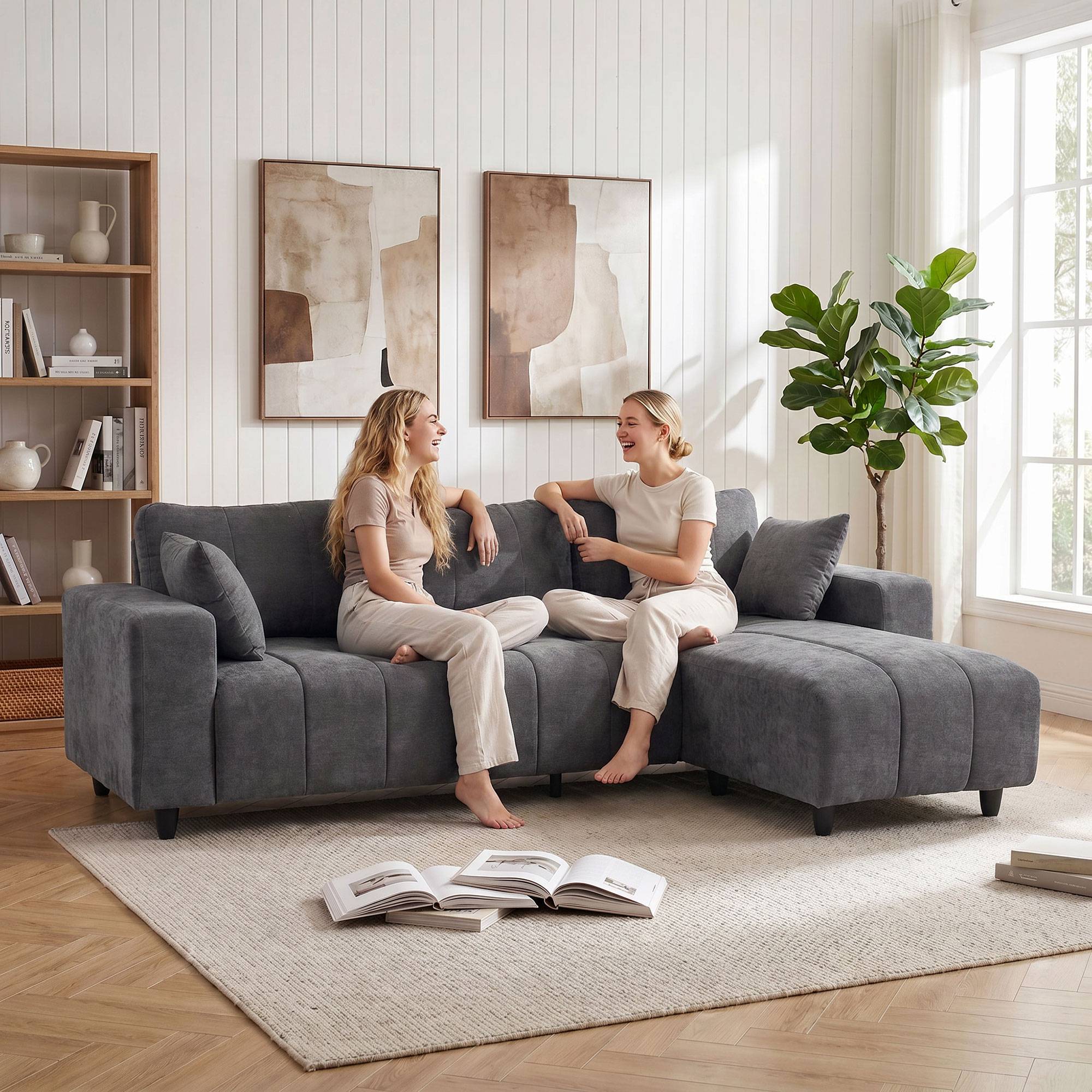 Canapé d'Angle Modulable 242 cm, Canapé 3 Places en L avec Méridienne Réversible, 2 Oreillers, Tissu Aspect Lin, Gris - Image 7