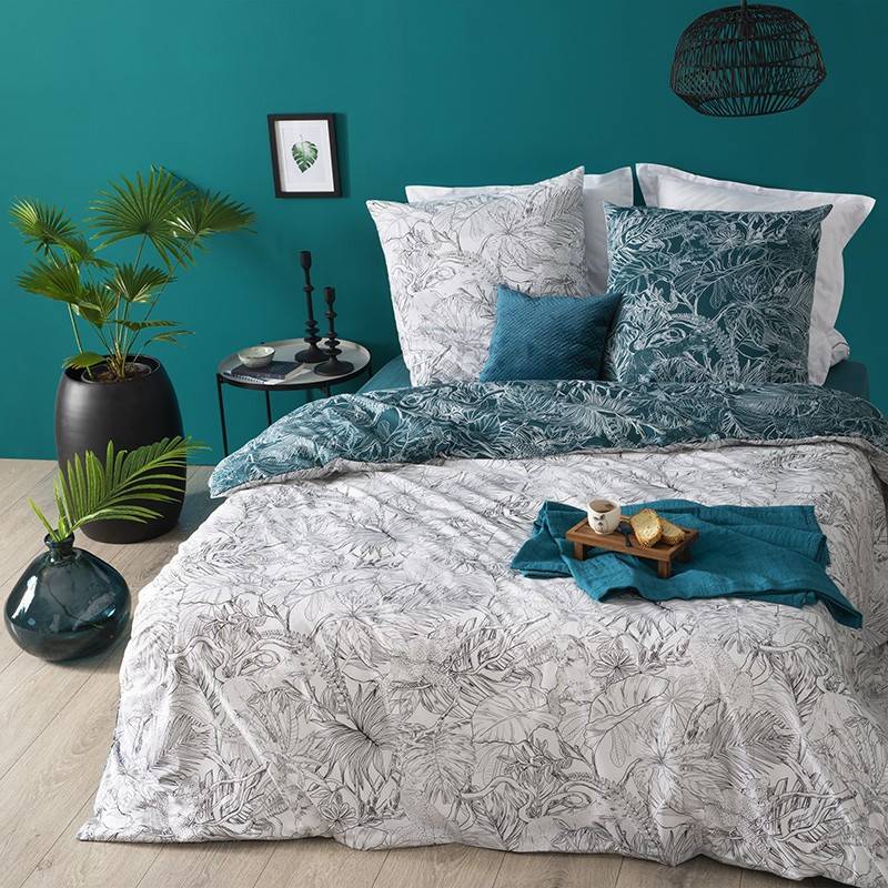 Parure de lit jungle blanc/bleu canard 240x220 Atmosphera - Image 1