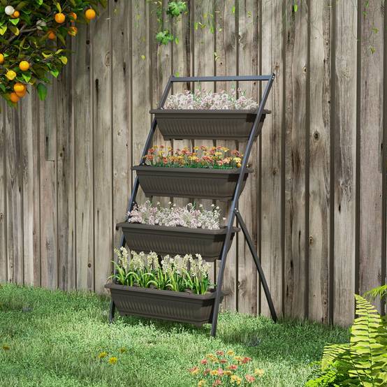 Étagère à Fleurs en Acier 4 Niveaux, Support de Plantes Vertical avec 4 Bacs et Trous de Drainage, 76x79x162cm, Marron - Image 4