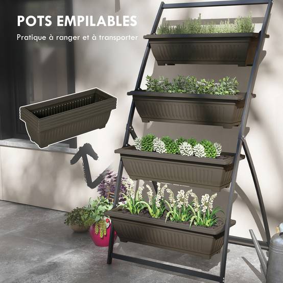 Étagère à Fleurs en Acier 4 Niveaux, Support de Plantes Vertical avec 4 Bacs et Trous de Drainage, 76x79x162cm, Marron - Image 9