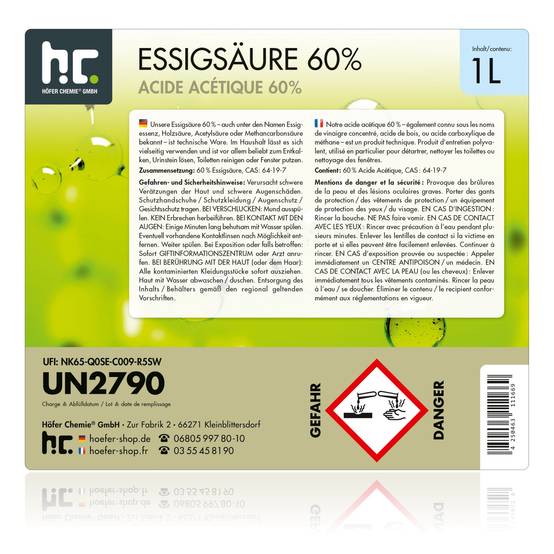 Acide Acétique 60% Höfer Chemie® en bouteille de 1 L x 1 - Image 5
