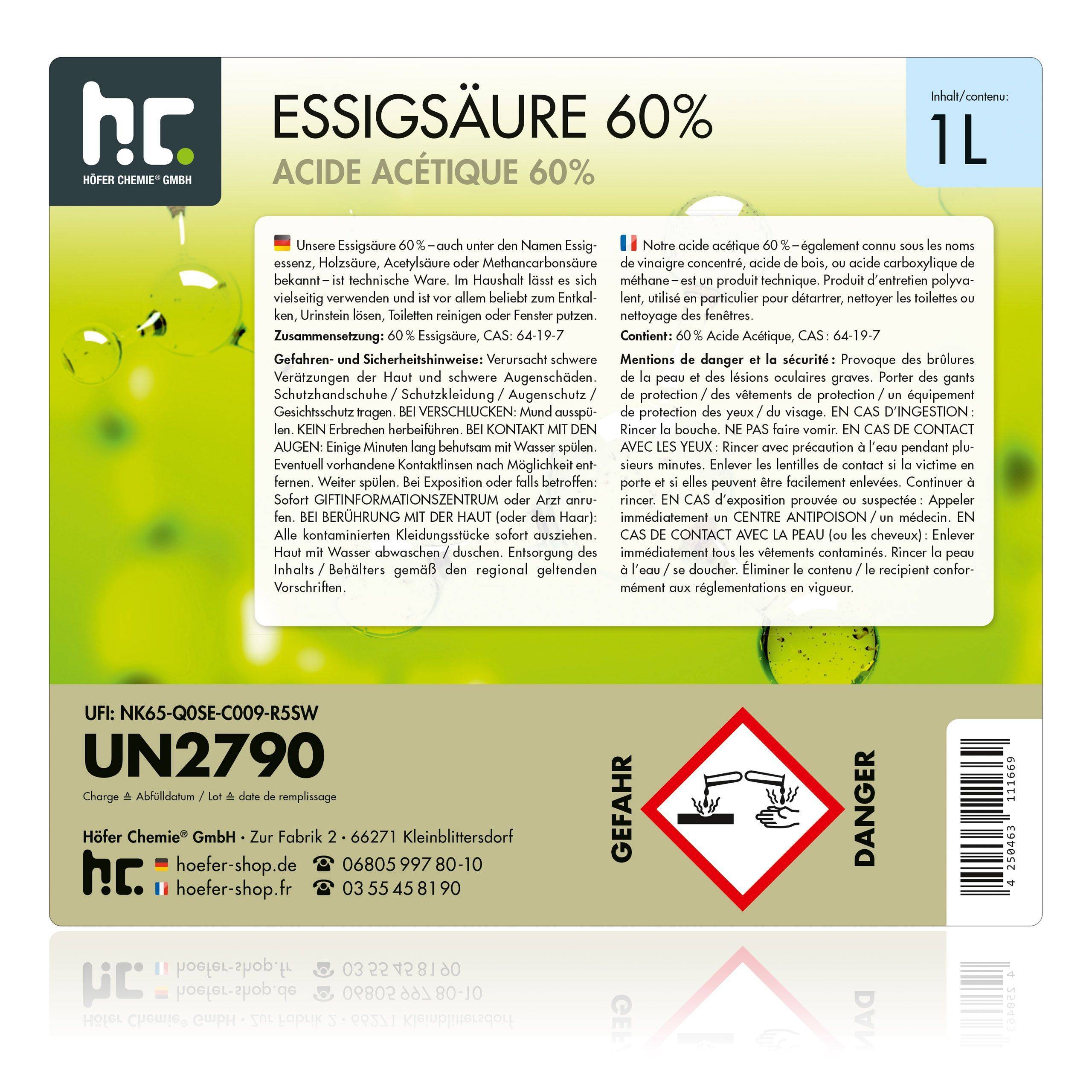Acide Acétique 60% Höfer Chemie® en bouteille de 1 L x 1 - Image 5