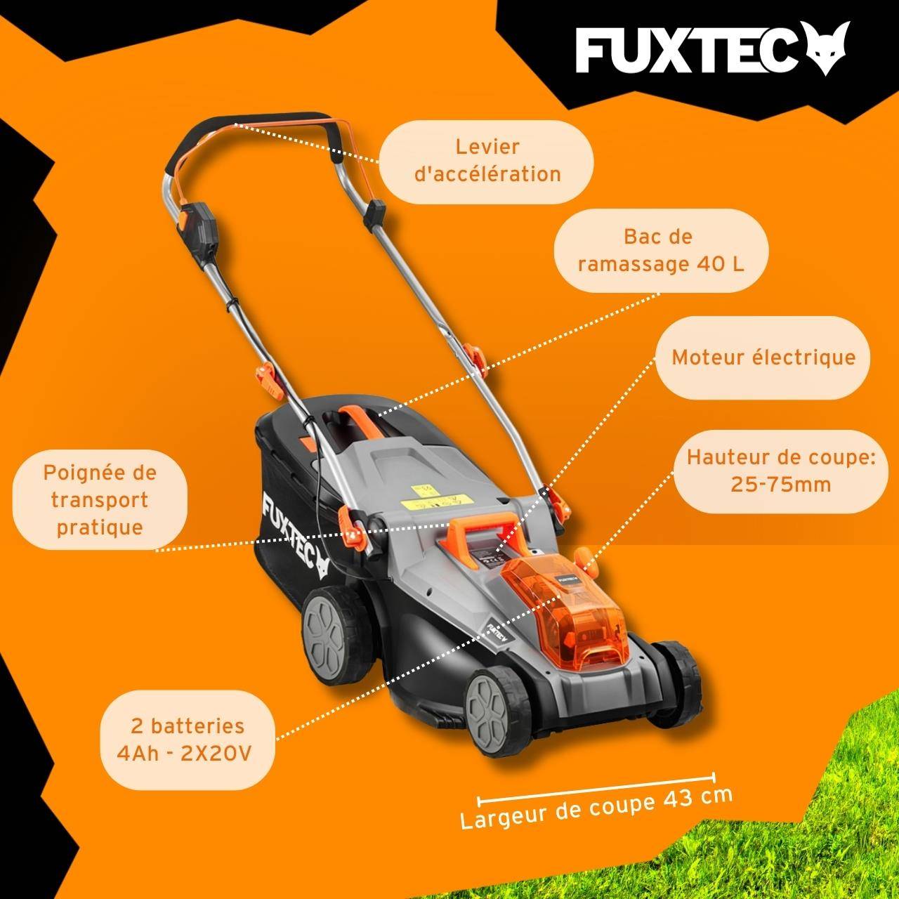 FUXTEC - Tondeuse à gazon sans fil 40 V coupe 43 cm bac 40 L avec 2 batteries 4 Ah FX-E2RM43 - Fuxtec - Image 6