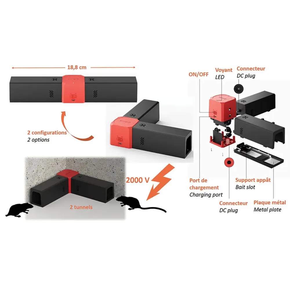 Piège à rongeurs d'angle électrique USB - 2 tunnels - 2000V - Image 6