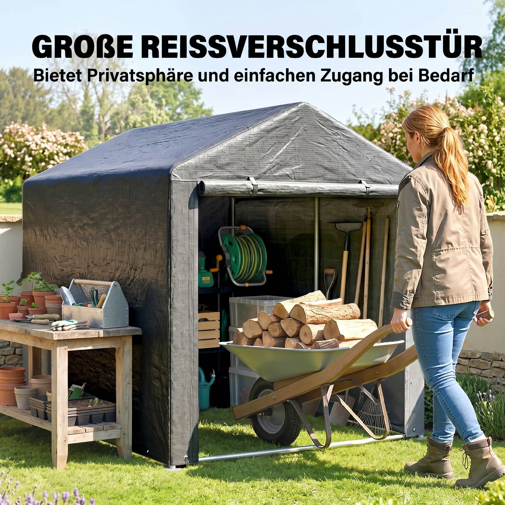 Abri outils tente garage grande porte, cadre métal inoxydable,160x218x172cm, gris foncé - Image 8